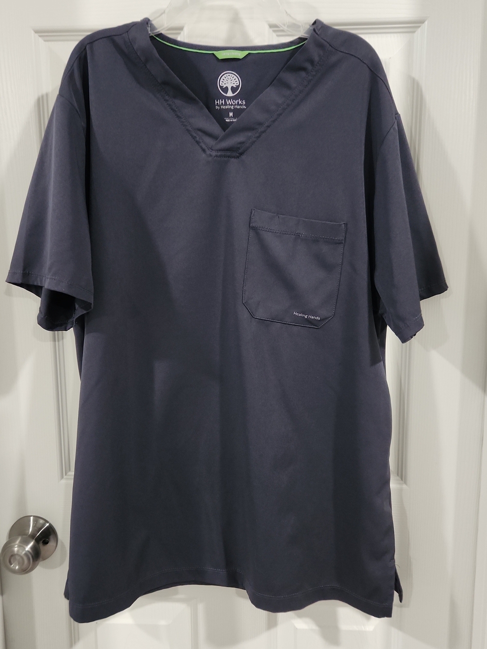 HH Works Healing Hands Mason Mens V-Neck Scrub Top Navy Blue Pocket Sz M 2591